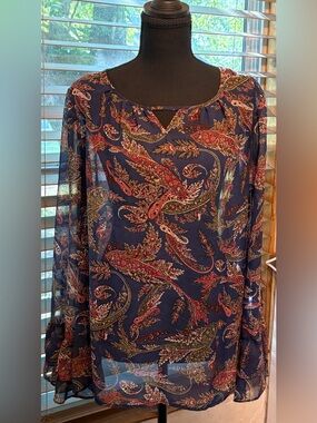 Alyx Navy Sheer Paisley Blouse with Red and Olive Details